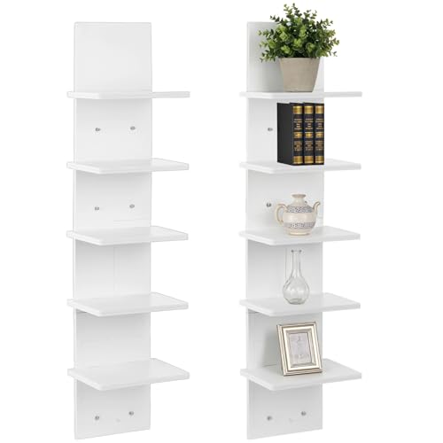 2PCS 5 Tiers Floating Wall Shelf, Small Vertical White Floating Shelf for Narrow Spaces, Modern Wall-Mounted Decorative Shelves for Bedroom Living Room, Lightweight Wood-Plastic - size: 2PCS