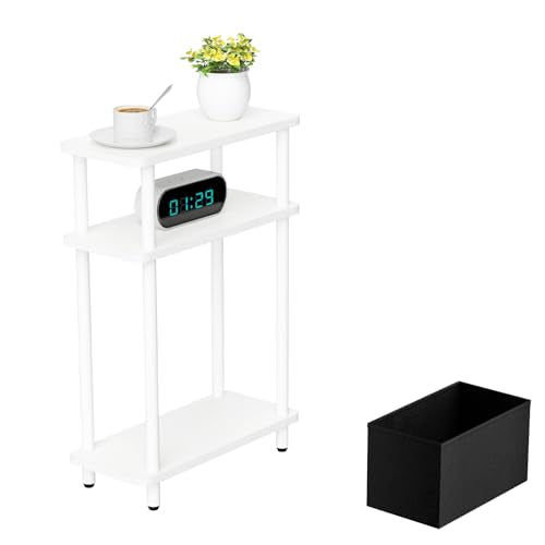THUMEYE Narrow Side Table with Fabric Basket, 7" Wide, 3 Tier Skinny End Table with Wood Legs, Slim Nightstand/Bedside Table for Small Spaces, with Adjustable Feet, 15.7" L x 23" H, White - color: White