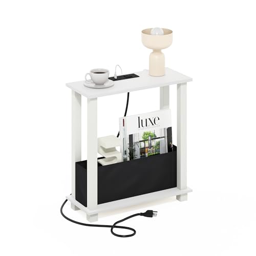 Furinno Turn-S-Tube Side Table, 2-Tier Slim Narrow End Table with Charging Station and Storage Bins, Night Stand, Bedside Table with USB and Type-C Port, for Living Room, Bedroom, White - color: White/White, size: 2-Tier Slim, Charging Station