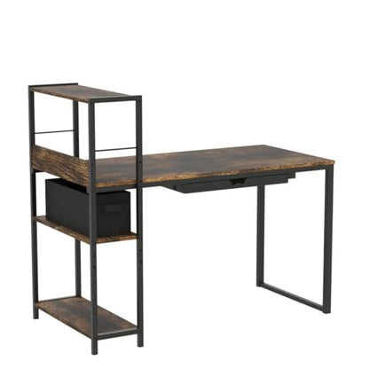 SHW 46-Inch Home Office Computer Desk w/Side Shelf & Drawer, Rustic Brown | w/ Reversible Adjustable Shelf | Drawer with adjustable compartments - color: Rustic Brown
