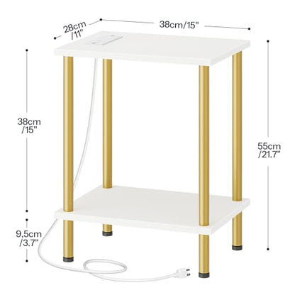 HOOBRO Side Table with Charging Station, Set of 2 End Tables with USB Port and Outlets, Nightstand with 2-Layer Storage Shelves for Small Spaces, Living Room, Bedroom, White and Gold DW09UBZP201 - color: White + Gold