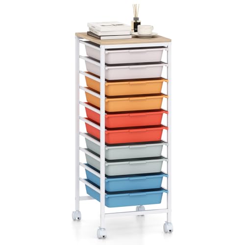 GOFLAME 10-Drawer Rolling Storage Cart, Craft Storage Cart with Wooden Tabletop and Lockable Wheels, Art Cart Supply Storage Organizer with Metal Frame for Home Office Classroom, Macaron Color - color: Macaron Color, size: 10 Drawer with Wood Top-13"x14.5