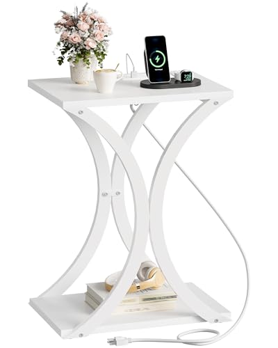 CHOEZON White End Table with Charging Station, 2-Tier Narrow Side Table, Nightstand with Storage Shelf, for Small Spaces, for Living Room, Bedroom, White TBZ20UWB - color: White