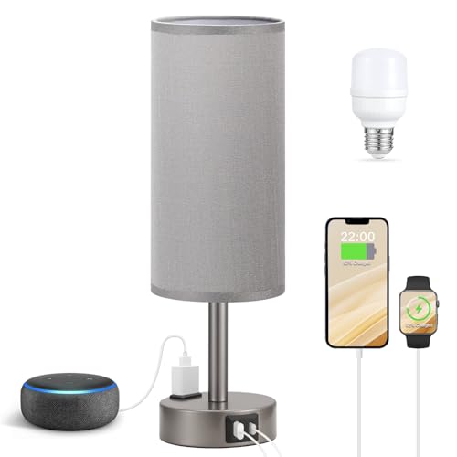 Fenmzee Grey Bedside Table Lamp for Bedroom - 3 Way Dimmable Touch Lamp USB C Charging Ports and AC Outlet, Small Lamp for Living Room, Desk, LED Bulb Included - color: Grey - Grey, size: 14" Touch Control
