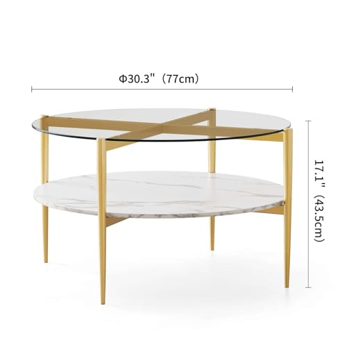 LumFurn Round Coffee Table for Living Room, Mid-Century Modern Design, D30 x H17, 2-Tier Structure, Clear Glass Top and White Marble Finish Wood Shelf, Sleek Conical Metal Legs with Gold Finish Frame - color: Clear & White Marble, size: D30" Round Coffee