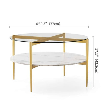 LumFurn Round Coffee Table for Living Room, Mid-Century Modern Design, D30 x H17, 2-Tier Structure, Clear Glass Top and White Marble Finish Wood Shelf, Sleek Conical Metal Legs with Gold Finish Frame - color: Clear & White Marble, size: D30" Round Coffee