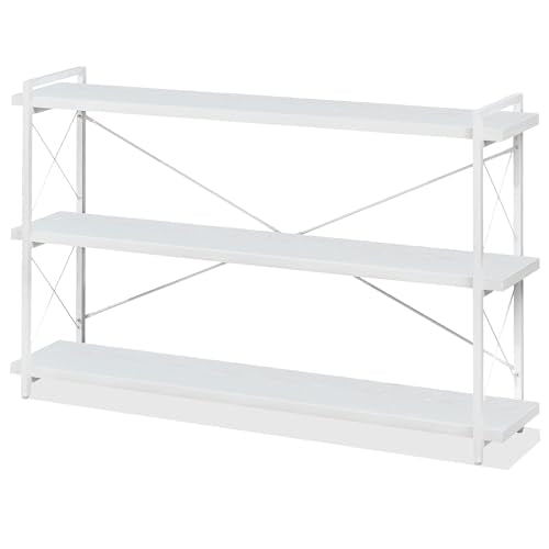 HCHQHS Bookshelf, 3-Tier Long Industrial Bookcase, White Open Book Shelf, Freestanding Horizontal Bookshelves with Metal Frame - color: Cloud White, size: 3-Tier (56.7"W x 35.8"H)