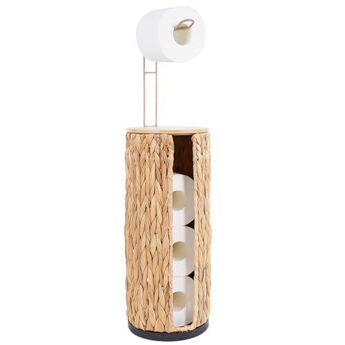 Freestanding Wicker Toilet Paper Holder with Lid&Storage-Holds 4 Rolls,Handmade Woven Water Hyacinth Organizer Basket for Bathroom,Boho Farmhouse Decor Tissue Stand with Storage Shelf - color: Natural-water Hyacinth