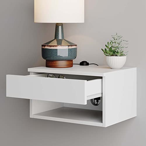 Nathan James Jackson Wall Mounted Floating Bedroom Nightstand with Storage Drawer and Modern Open Shelf Cubby, White - color: White, size: 1