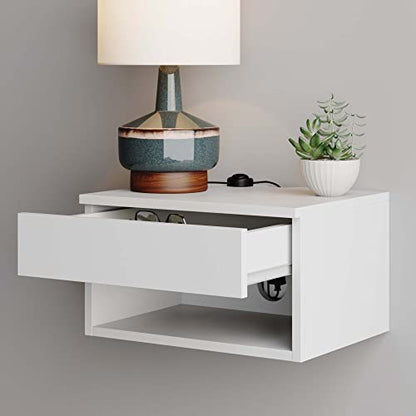 Nathan James Jackson Wall Mounted Floating Bedroom Nightstand with Storage Drawer and Modern Open Shelf Cubby Set of 2, White - color: White, size: Set of 2