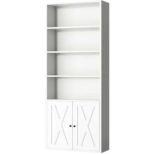 Shintenchi Bookshelf, Industrial Bookshelves and Bookcases with Doors Floor Standing 6 Shelf Display Storage Shelves 70.6 inches Tall Bookcase for Home Office, Living Room (White) - color: White
