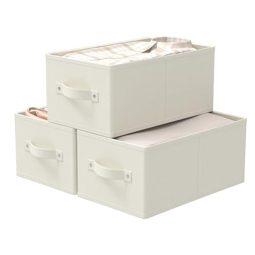 Storage Basket, Closet Organizer, 3 Pack, Beige, 18.5x11x7.9 In | Foldable Storage Bins, Clothing Boxes with Reinforced Handles for Kitchen Cupboards and Bathroom Vanities - color: Beige, size: Large