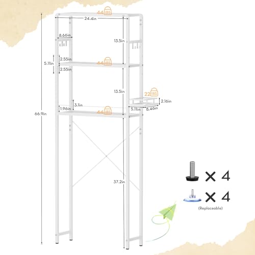 Glass Over the Toilet Shelf, 3-Tier Over-The-Toilet Storage Rack, Adjustable Shelf Bathroom Organizer, White Space Saving Shelves