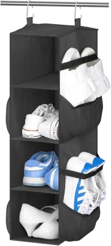 SLEEPING LAMB Short Hanging Shoe Organizer for Closet Storage with Mesh Side Pockets Holds 8 Pairs, Hanging Shoe Rack Hanger RV, Camper, Black - color: Black, size: 25''