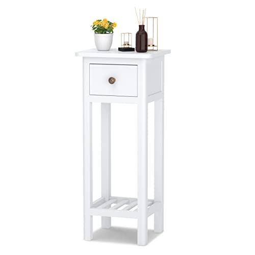 Narrow End Table, Tall Nightstand with Drawer & Shelf, Small Bedside Table w/Anti-Tipping Device, No Assembly, White - color: White