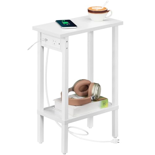 HOOBRO Narrow Side Table, 2-Tier Slim End Table with Charging Station, Skinny Nightstand with Open Storage, for Small Spaces, Living Room, Bedroom, Study, White WT240UBZ01 - color: White, size: 7.9"L x 15.7"W x 22.6"H