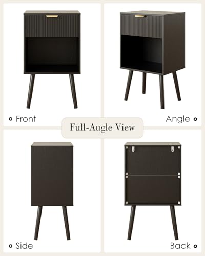 Black Fluted Nightstand, Modern Bedside Table with Storage Drawer, Wood Night Stand Side End Table for Bedroom, Living Room, Office - color: Black