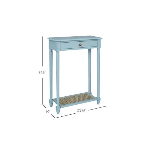 East at Main Lenora Blue Narrow Console Table for Entryway with Drawer | 23.75-inch slim hallway table with cane shelf, solid wood frame, powder blue finish, coastal furniture for small spaces - color: Powder Blue