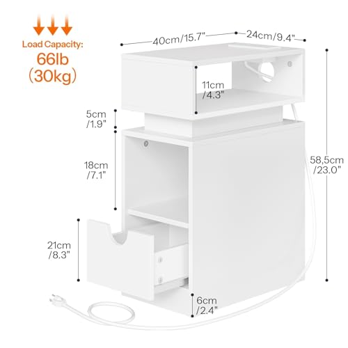 HOOBRO Narrow End Table, Floating Nightstand with LED Light Strip, with Drawer, Slim Bedside Table with Charging Station for Living Room, Bedroom, White WT204UDBZ01