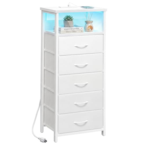 Fixwal Tall Nightstand with Charging Station and LED Lights, Night Stand with PU Finish Fabric Storage Drawers, 5 Drawer Dresser, White - color: White, size: 39.3"H (5 drawers), style: Power+Light (1pc)