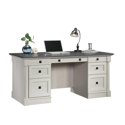 Sauder Palladia Office Desk with Drawers, Executive Desk with File Cabinet Storage, Cable Management, Keyboard Tray, in Glacier Oak Finish - color: Glacier Oak