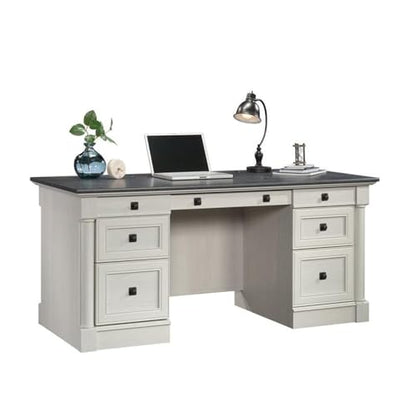 Sauder Palladia Office Desk with Drawers, Executive Desk with File Cabinet Storage, Cable Management, Keyboard Tray, in Glacier Oak Finish - color: Glacier Oak