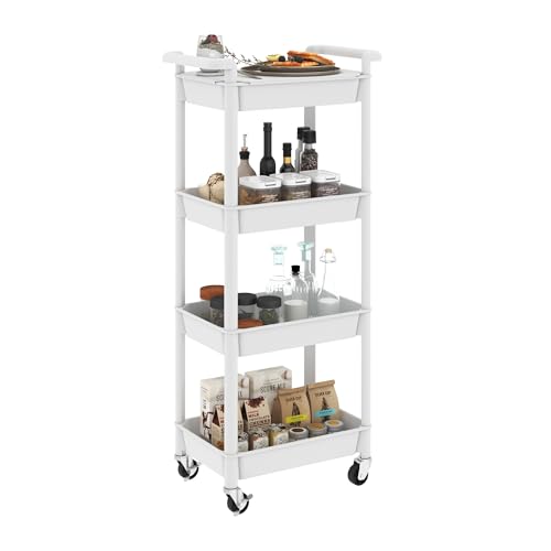 STEEHOOM 4 Tier Rolling Cart with Handle, Utility Cart with Table Top Easy Assembly Bathroom Storage Cart on Wheels for Office, Living Room, Kitchen, Craft Room, White - color: White, size: 4-Tier
