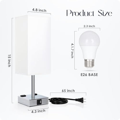 Set of 2 Bedside Table Lamp 3 Way Dimmable Nightstand Lamp with USB C & USB A Charging Port, 2 AC Outlets, 3000K LED Bulbs (White) - color: White