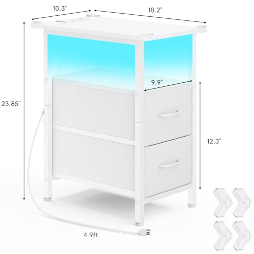 Vagusicc Set of 2 White Nightstand with Charging Station and LED Lights, Narrow Side Table, LED Night Stand with 2 Fabric Drawers, Bedside Table Small End Table, Tall Nightstand for Bedroom, White - color: White, size: 2, style: With LEDs