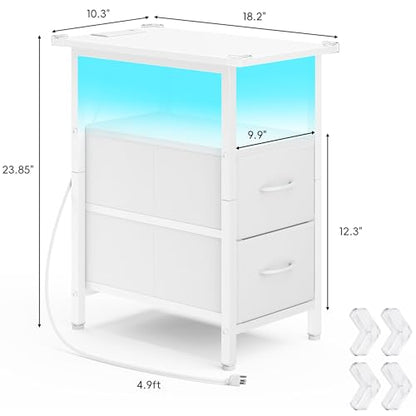 Vagusicc Set of 2 White Nightstand with Charging Station and LED Lights, Narrow Side Table, LED Night Stand with 2 Fabric Drawers, Bedside Table Small End Table, Tall Nightstand for Bedroom, White - color: White, size: 2, style: With LEDs