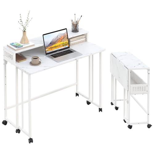 Gezen Folding Desk With Storage Shelf, Small Rolling With Wheels, Mobile Couch Sofa Side Table Bed for Home Office Small Space, White Marble, 39.4" - color: White Marble, size: 39 inches
