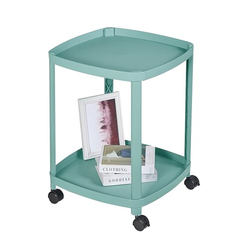 VECELO Rolling End Side Table with Lockable Wheels, 2‑Tier Plastic Mobile Sofa Side Table, Small Nightstand Storage Cart for Living Room Bedroom Bathroom, 1 PCS, Mint Green - color: Mint Green, size: 1 PCS
