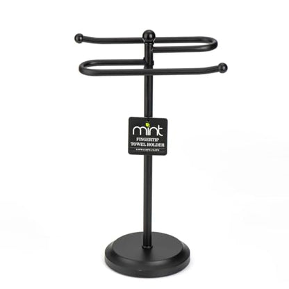 J&V TEXTILES Classical Steel Towel Rack Holder Stand with 2 Hanging Rings for Bathroom Vanity Countertops - Space Saving Hand Towel Holder (Matte Black) - color: Matte Black