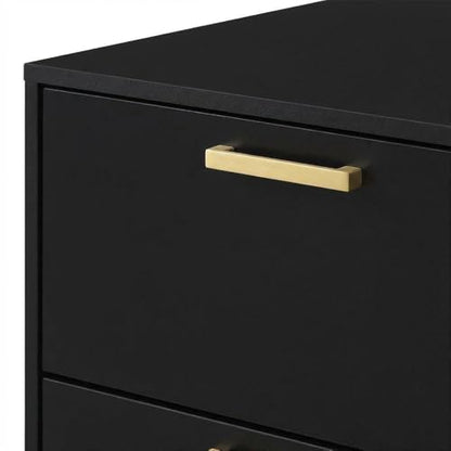 Furnifact Black Nightstand, 2 Drawers, Modern Design, Gold Metal Legs, Durable Construction, Stylish Bedroom Storage, Contemporary Finish