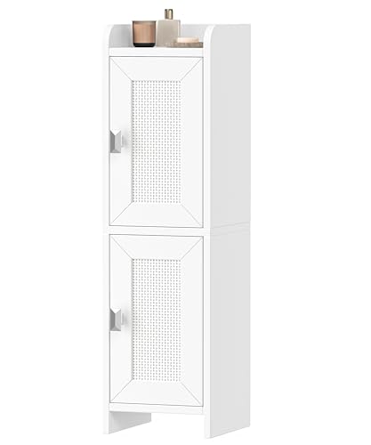 Akxomel Rattan Small Bathroom Cabinet with 2 Doors, 7.9''D x 7.9''W Narrow Toilet Paper Storage Cabinet, Bathroom Organizer for Small Spaces, Slim Corner Unit with Adjustable Shelf, White Rattan - color: White Rattan, size: 7.9''D x 7.9''W x 27.6''H
