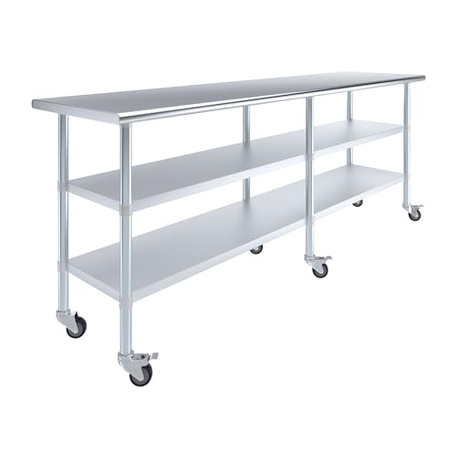 AmGood Stainless Steel Work Table with 2 Shelves and Casters | Metal Utility Table On Wheels (Stainless Steel, 96" Long x 24" Deep) - size: 96" Long x 24" Deep