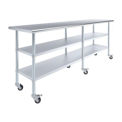 AmGood Stainless Steel Work Table with 2 Shelves and Casters | Metal Utility Table On Wheels (Stainless Steel, 96" Long x 24" Deep) - size: 96" Long x 24" Deep