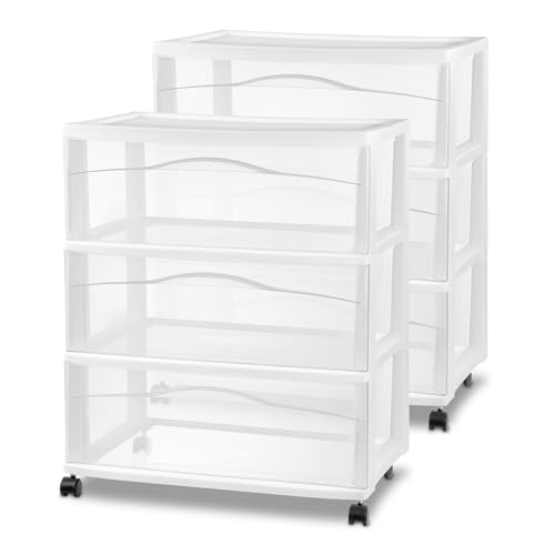 Sterilite 2-Pack Wide 3-Drawer Cart, Storage Closet Organizer with Wheels, White - Plastic Drawers and Containers for Bedroom, Cabinet, Clothes, Dresser, and Kitchen Pantry Organization - color: White, size: 2-Pack