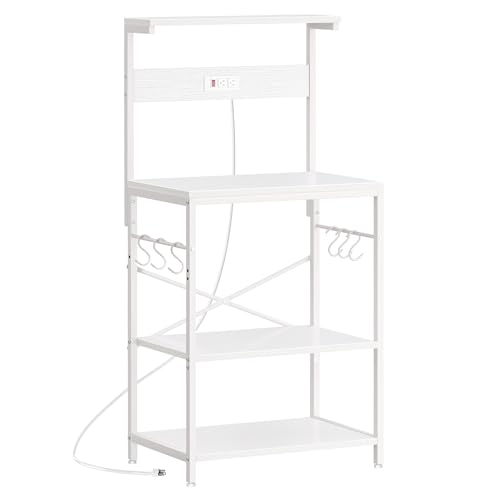 SUPERJARE Kitchen Bakers Rack with Power Outlet, Coffee Bar Table 4 Tiers, Kitchen Microwave Stand with 6 S-Shaped Hooks, Storage Shelf Rack for Spices, Pots and Pans - White - color: White, size: 23.6 inch