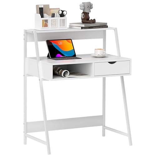 HOMCOM Home Office Desk with A Frame for Small Spaces, White | Computer Desk, Writing Table, with Drawer, Storage Shelves - color: White