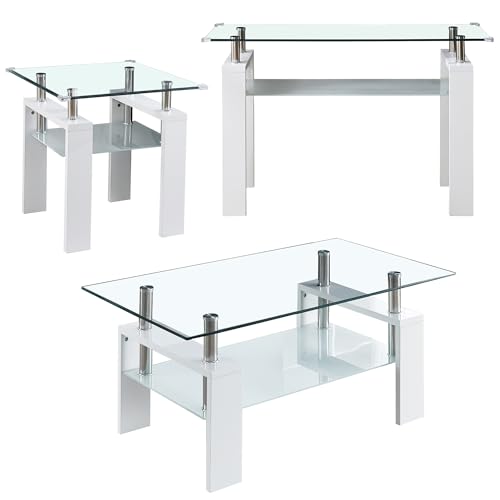 Living Room Set of 3 with Glass Coffee Table, End Table, and Console Table, Modern White 3 Piece Set with Storage Shelf for Apartment, Home Office, Easy to Assemble - color: White, size: Coffee Table + End Table + Console Table