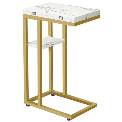 HOOBRO Foldable C Shaped End Table, C Shaped Side Table with Storage Shelf, Small Snack Table, Slide Under Couch Table for Sofa, Living Room Bedroom Small Spaces Easy Assembly, Gold DM29SF01 - color: Marble + Gold