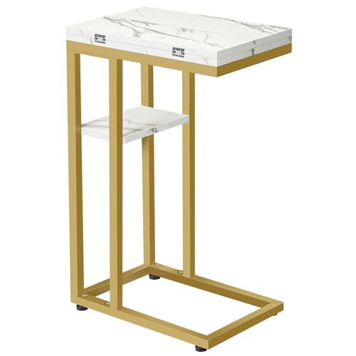 HOOBRO Foldable C Shaped End Table, C Shaped Side Table with Storage Shelf, Small Snack Table, Slide Under Couch Table for Sofa, Living Room Bedroom Small Spaces Easy Assembly, Gold DM29SF01 - color: Marble + Gold