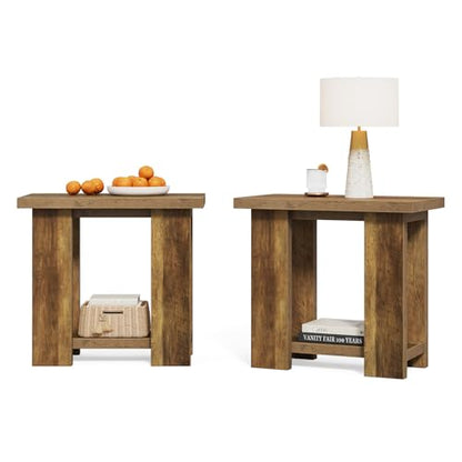 LITTLE TREE 2 Tier Side Table with Storage Shelf, Rustic Wood End Table, Narrow Nightstand Bedside Table for Living Room, Bedroom, Small Spaces, Rustic Brown, 15.75" D x 27.56" W x 25.2" H - color: Rustic Brown