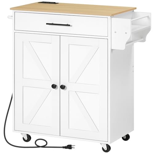 HOOBRO Kitchen Island with Power Outlet, Rolling Kitchen Island with Large Worktop, Kitchen Island Cart with Spice Rack and Drawer, Island Table for Dining Room, White and Natural WN88UZD01 - color: Natural + White