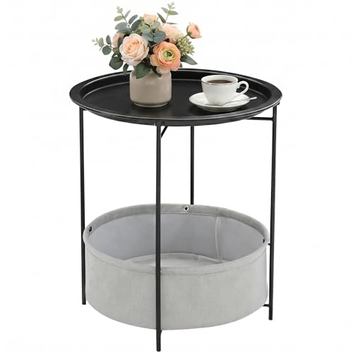 VECELO Round Side/End Table with Fabric Storage Basket，Metal Anti-Rust and Waterproof Small Bedside Nightstand with Removable Tray Top for Living Room，Balcony & Laundry，Black /1pcs with Basket - color: Black, size: 1 PCS with Basket