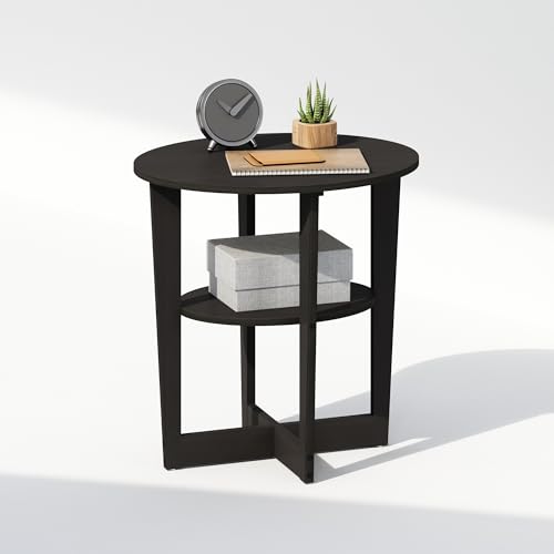 Furinno Tidur 2-Tier Oval Night Stand, Black Nightstand with Round Edge Tabletop, Open Shelf Bedside Table, End Table, Side Table, for Bedroom, Living Room, Black Walnut - color: Black Walnut, size: Oval Open Shelf