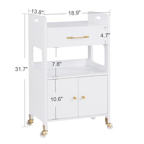 BarberPub Hair Salon Rolling Trolley for Storage, Barber Cart with Cabinet & Lockable Wheels, Beauty Spa Utility Styling Tools Organizer 2494, White