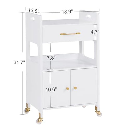 BarberPub Hair Salon Rolling Trolley for Storage, Barber Cart with Cabinet & Lockable Wheels, Beauty Spa Utility Styling Tools Organizer 2494, White