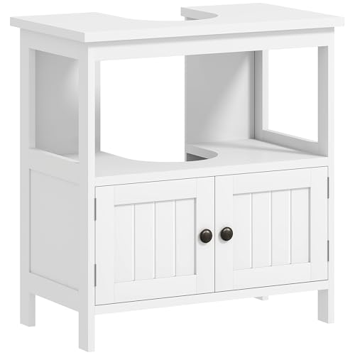kleankin Pedestal Sink Storage Cabinet, Bathroom Under Sink Cabinet with 2 Doors and Open Shelf, Bathroom Vanity, White - color: White